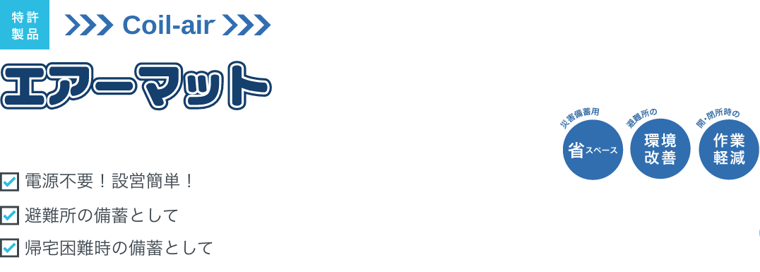 Coil-air「エアーマット」電源不要!設営簡単! 避難所の備蓄として 帰宅困難時の備蓄として 省スペース 環境改善 作業軽減